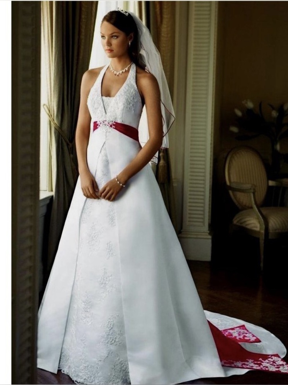 White Halter Wedding Dress with Red Lace Embellished Sash